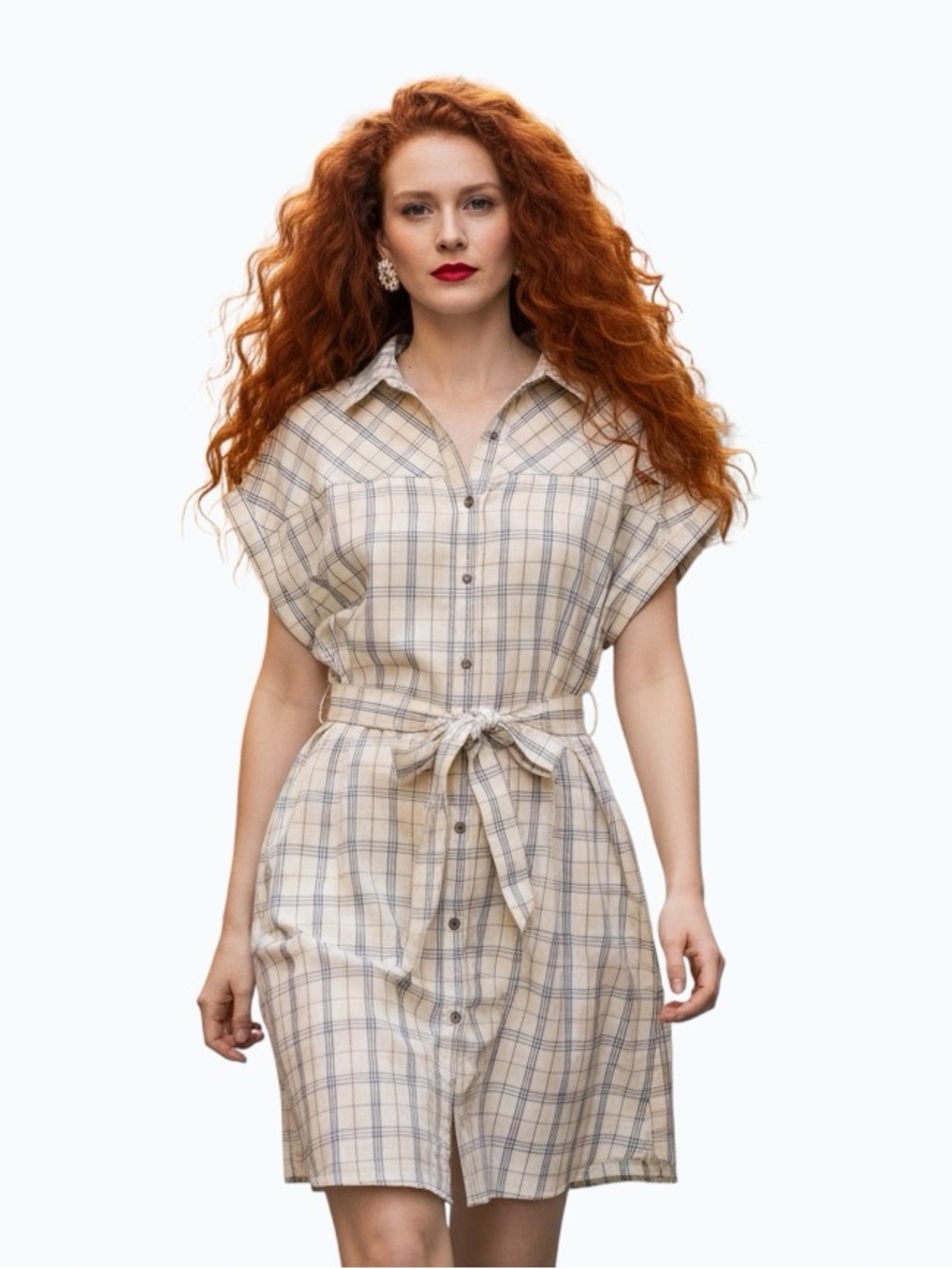 Peach Love California Plaid Belted Shirt Dress Cap Sleeve Pockets Size L